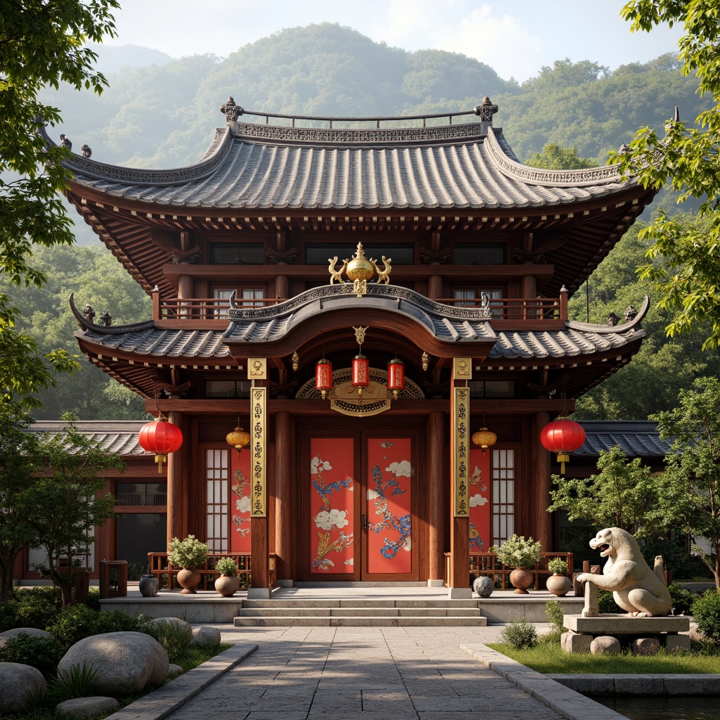 Prompt: Traditional Chinese pagoda, intricately carved wooden doors, vibrant red lanterns, golden accents, auspicious clouds and dragons, ornate ceramic vases, hand-painted silk fabrics, majestic stone lions, serene water features, lush green bamboo forests, misty mountains, warm soft lighting, shallow depth of field, 1/1 composition, realistic textures, ambient occlusion.