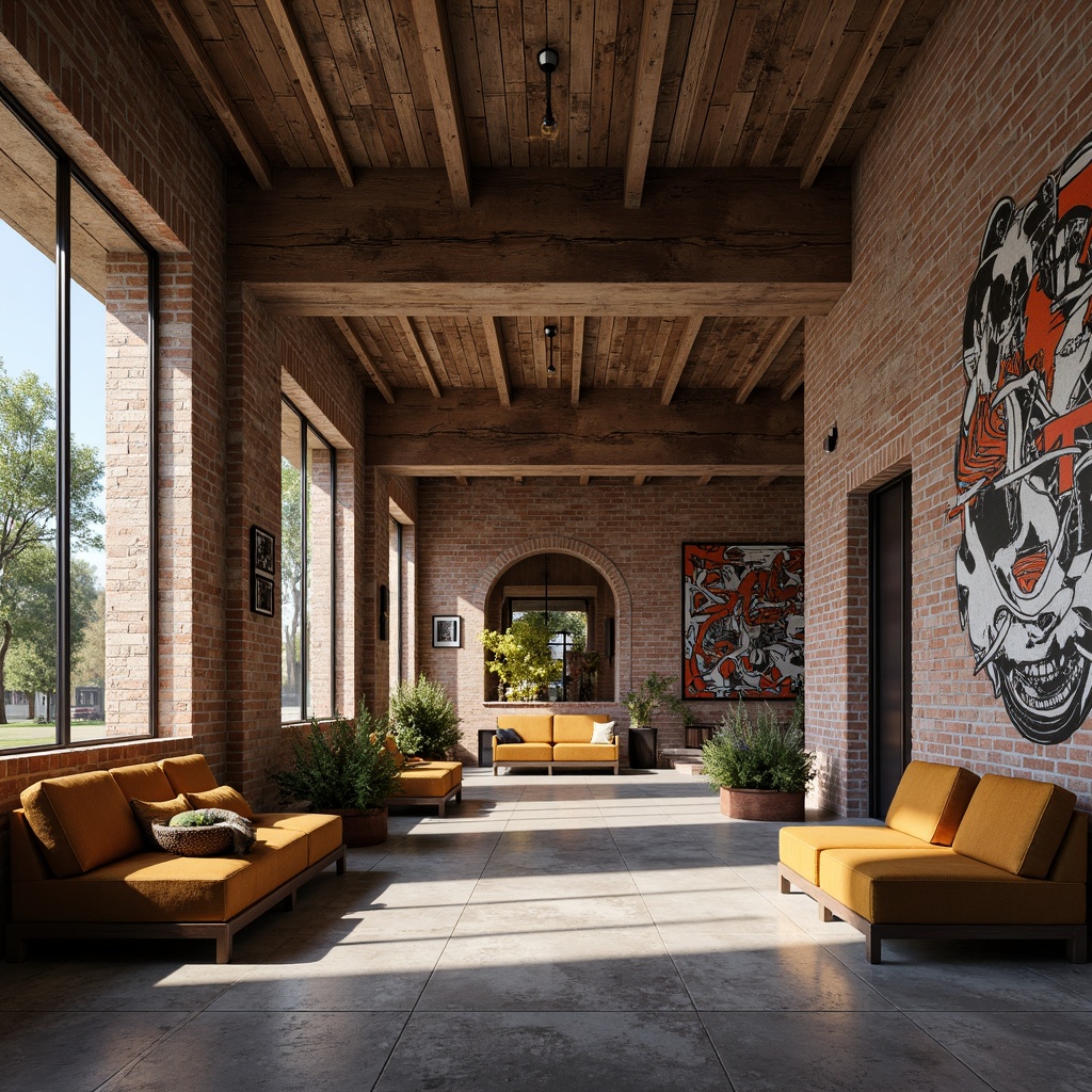 Prompt: Rustic stone walls, rugged brick textures, earthy tones, distressed finishes, urban loft atmosphere, reclaimed wood accents, metallic sheens, abstract geometric patterns, vibrant graffiti murals, exposed concrete surfaces, industrial chic decor, warm ambient lighting, shallow depth of field, 1/1 composition, realistic material rendering.