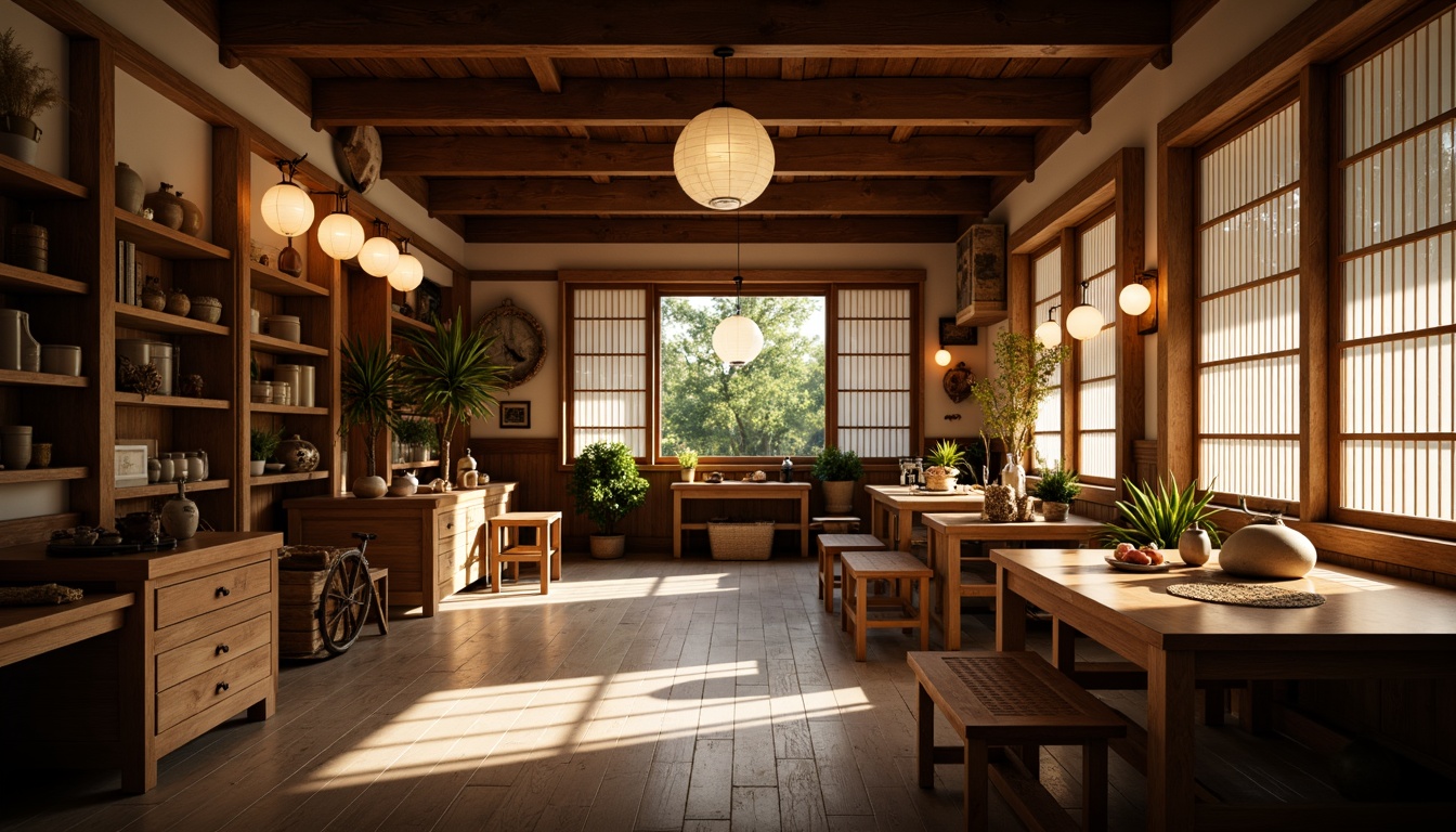 Prompt: Traditional Asian-style workshop interior, warm soft lighting, paper lanterns, natural wood accents, woven bamboo textures, handcrafted wooden furniture, intricate carvings, subtle shadows, warm beige tones, gentle diffused light, 1/2 composition, shallow depth of field, realistic materials, ambient occlusion, cozy atmosphere, subtle color grading.