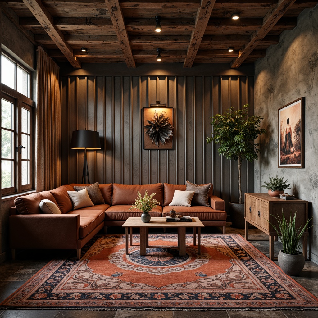 Prompt: Rustic wooden planks, distressed metal panels, rough-hewn stone walls, tactile concrete finishes, luxurious velvet fabrics, ornate ceramic tiles, intricately patterned rugs, warm ambient lighting, shallow depth of field, 1/1 composition, realistic textures, ambient occlusion, cozy intimate spaces, inviting color schemes, eclectic decorative accents.