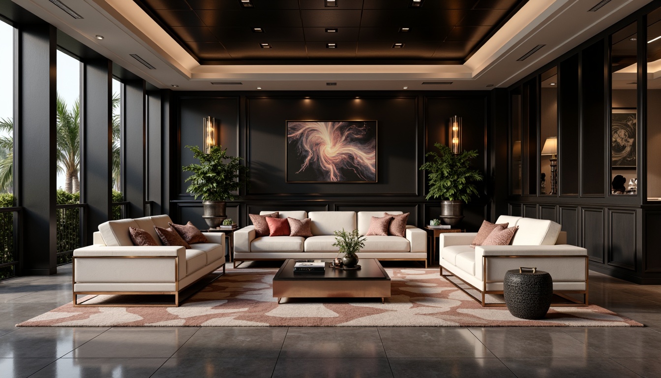 Prompt: Luxurious living room, metallic accents, polished chrome fixtures, sleek silver furniture, rose gold decor, matte black walls, high-gloss flooring, ambient warm lighting, shallow depth of field, 3/4 composition, minimalist arrangement, modern interior design, upscale atmosphere, sophisticated color palette, luxurious textiles, lavish patterns, ornate details, opulent furnishings.