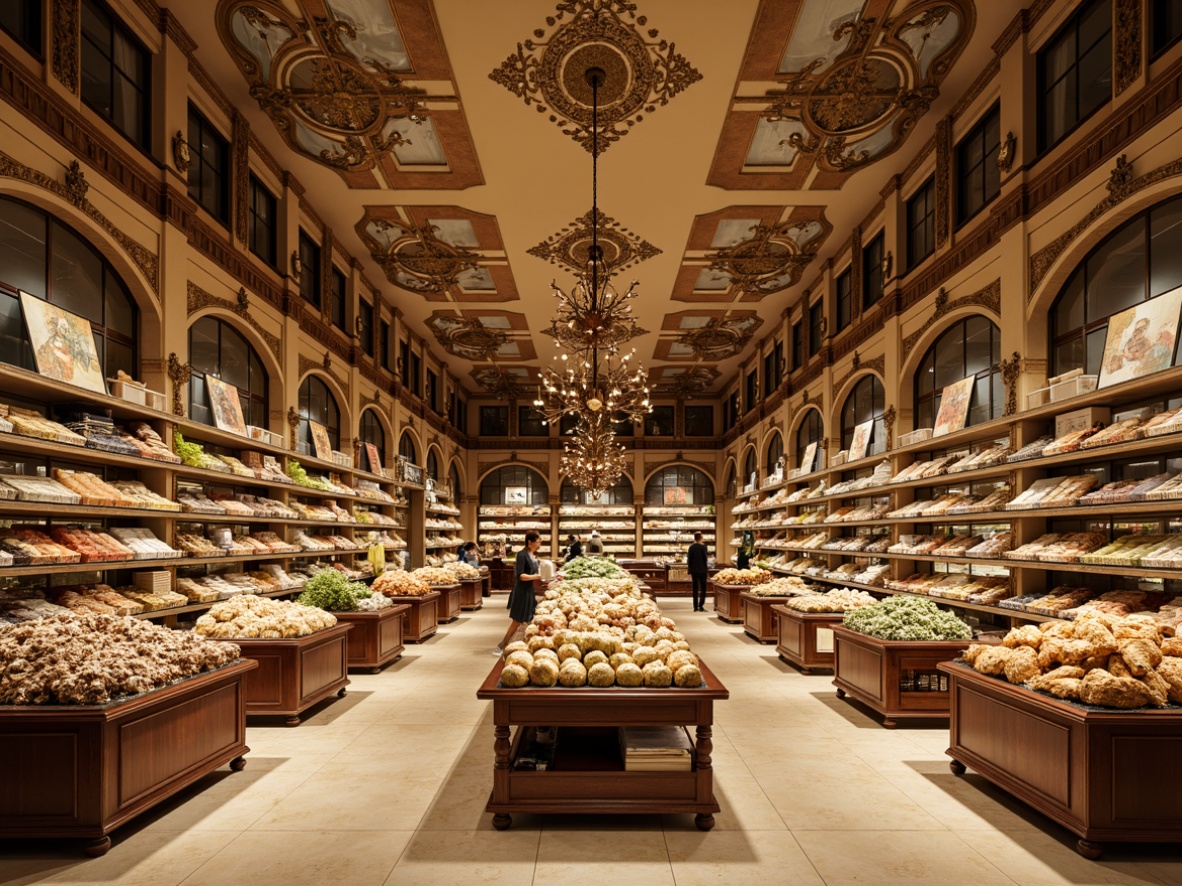 Prompt: Ornate grocery stores, lavish decorations, intricate carvings, gilded accents, rich velvet fabrics, ornamental mirrors, crystal chandeliers, curved wooden shelves, antique bronze fixtures, elaborate cornices, grandiose archways, majestic columns, opulent marble floors, dramatic drapery, soft golden lighting, warm beige tones, 3/4 composition, symmetrical framing, realistic textures, ambient occlusion.