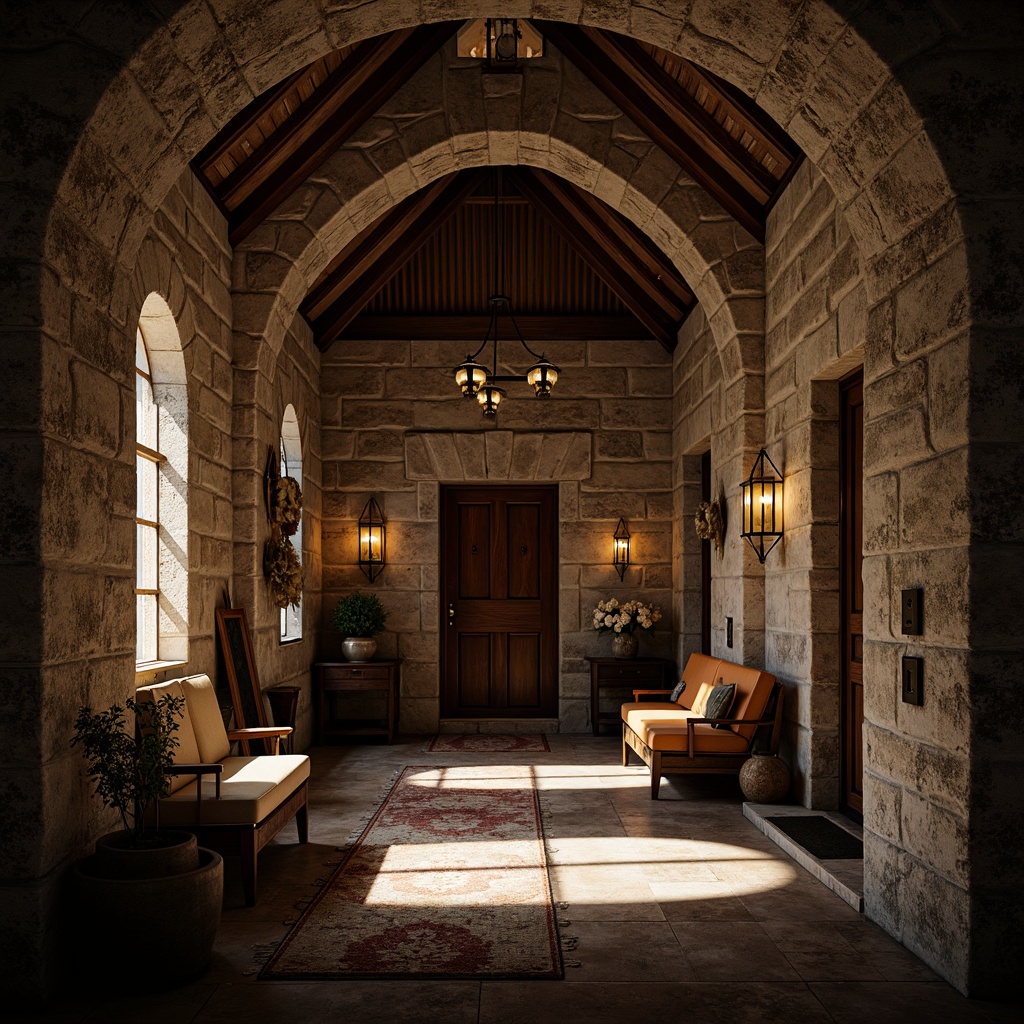 Prompt: Rustic mudroom, arched doorways, pointed vaulted ceilings, ribbed stone walls, ornate carvings, grand entrance, medieval-inspired decor, distressed wood accents, rich tapestries, warm candlelight, dramatic shadows, high contrast lighting, 1/2 composition, atmospheric perspective, cinematic mood, realistic textures, subtle ambient occlusion.