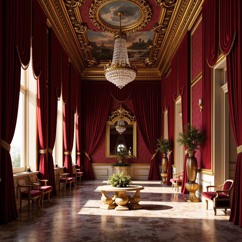 Prompt: Rich velvet drapes, ornate gold frames, lavish crystal chandeliers, intricate fresco ceilings, grandiose marble floors, opulent silk fabrics, vibrant jewel-toned colors, warm golden lighting, dramatic shadowing, 1/1 composition, intimate atmosphere, luxurious textures, high-contrast rendering.