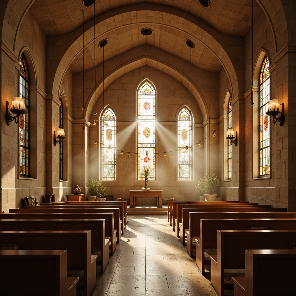 Prompt: Ethereal chapel, stained glass windows, soft warm glow, candlelight ambiance, suspended lanterns, ornate chandeliers, subtle LED strips, minimalist sconces, natural stone walls, vaulted ceilings, serene atmosphere, gentle illumination, warm beige tones, comforting shadows, subtle color temperatures, 1/1 composition, realistic textures, ambient occlusion.