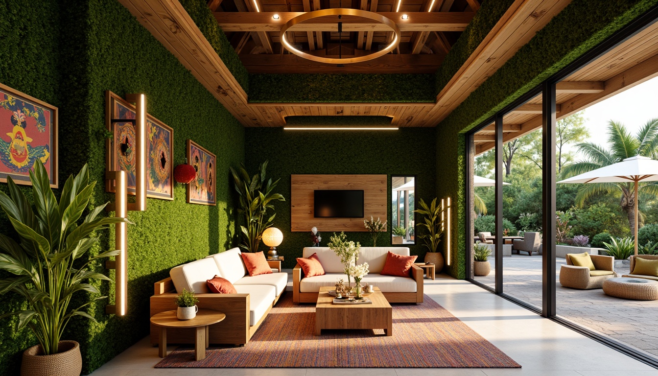 Prompt: Vibrant tropical interior, lush green walls, exotic plants, natural wood accents, woven rattan furniture, colorful textiles, intricate patterns, warm ambient lighting, LED strip lights, floor lamps, table lamps, pendant lights, soft diffused light, cozy atmosphere, relaxed mood, open-plan living area, spacious high ceiling, large windows, sliding glass doors, outdoor connection, seamless transition, organic shapes, natural materials, earthy tones, warm beige colors, soft pastel hues, creamy whites, golden lighting effects, shallow depth of field, 1/2 composition, realistic textures, ambient occlusion.