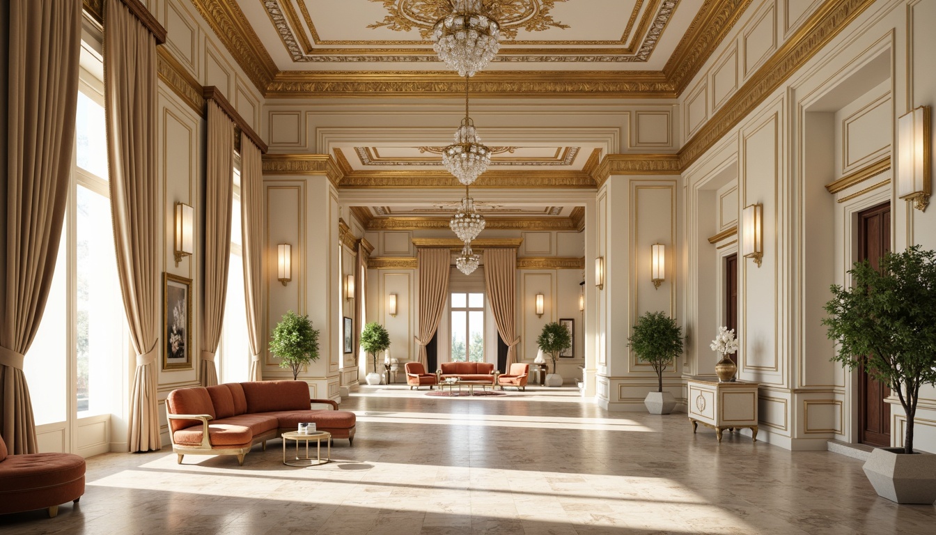 Prompt: Richly ornamented interior, neoclassical architecture, cream-colored walls, golden accents, intricate moldings, ornate ceiling designs, crystal chandeliers, lavish drapery, velvet upholstery, antique furniture pieces, polished marble floors, subtle lighting, warm beige tones, soft cream hues, elegant curves, classical proportions, refined textures, subtle sheen, high-contrast color scheme, dramatic shadows, 1/2 composition, cinematic lighting, detailed renderings.