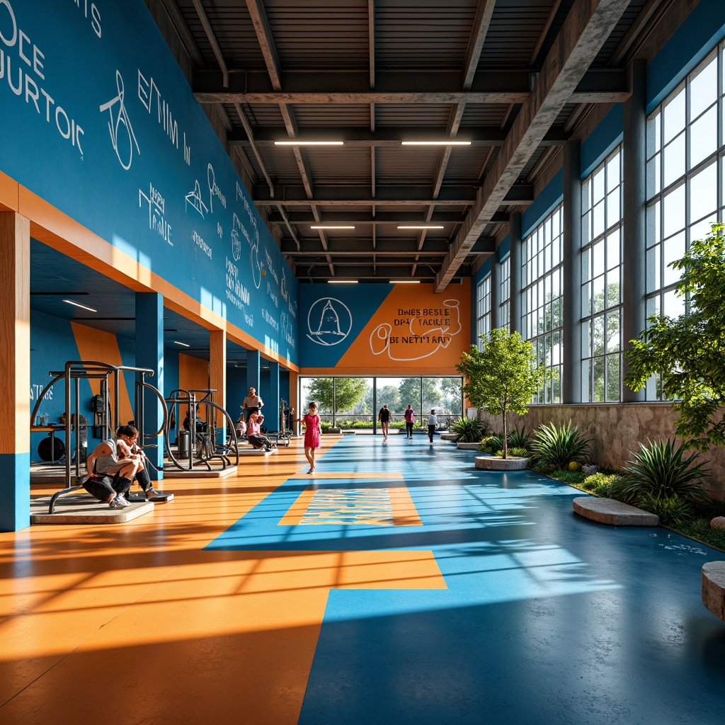 Prompt: Vibrant gymnasium interior, bold athletic colors, energetic blue tones, motivational orange accents, dynamic green hues, industrial metal beams, polished wooden floors, modern LED lighting, sleek sports equipment, inspirational quotes, natural stone walls, refreshing water features, sunny day, soft warm lighting, shallow depth of field, 3/4 composition, panoramic view, realistic textures, ambient occlusion.