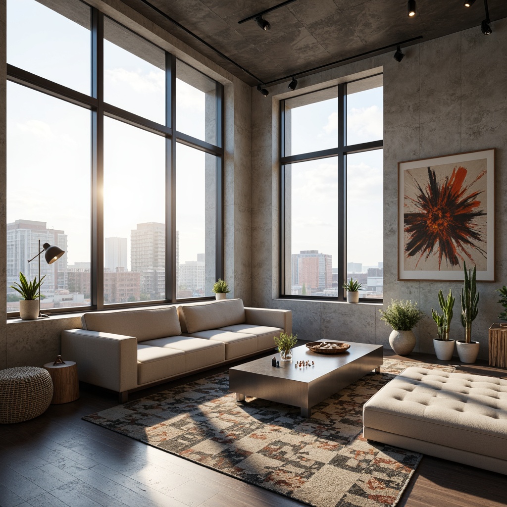 Prompt: Modern minimalist living room, sleek low-profile sofa, tufted ottoman, metallic coffee table, geometric patterned rug, floor-to-ceiling windows, natural light, urban city view, concrete walls, industrial chic decor, reclaimed wood accents, edgy abstract artwork, pendant light fixtures, airy atmosphere, soft warm glow, shallow depth of field, 1/1 composition, realistic textures, ambient occlusion.