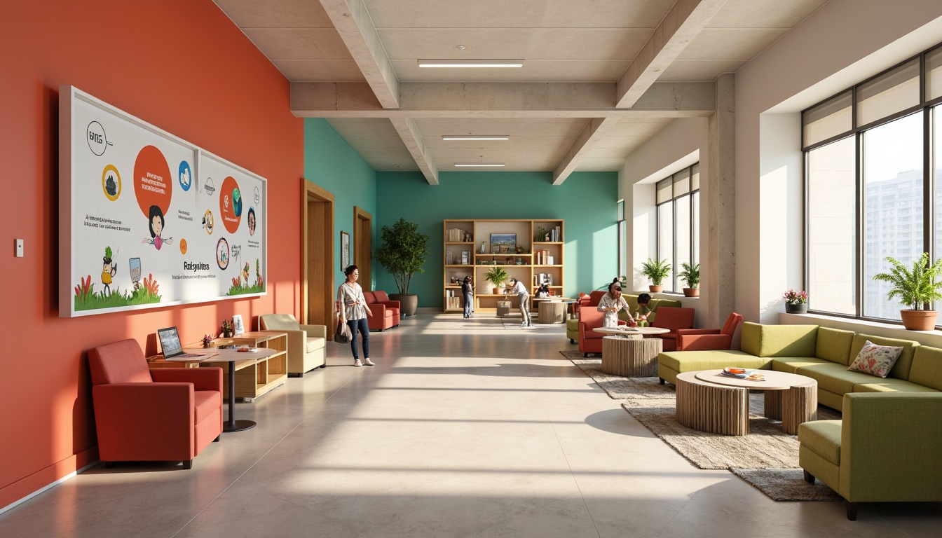 Prompt: Vibrant learning hub, bright coral walls, warm beige floors, soft mint accents, natural wood furniture, educational murals, interactive display screens, collaborative workstations, cozy reading nooks, flexible seating arrangements, abundant daylight, subtle gradient effects, 1/2 composition, realistic textures, ambient occlusion.