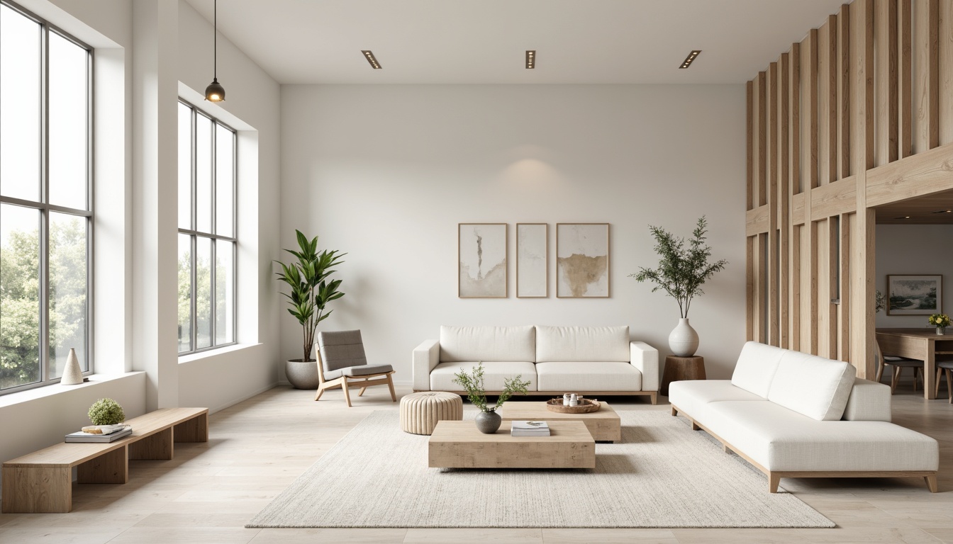 Prompt: Monochromatic interior space, soft creamy whites, gentle grays, warm beiges, subtle taupes, natural wood accents, sleek metal lines, minimalist decor, empty spaces, calm atmosphere, soft diffused lighting, shallow depth of field, 1/1 composition, realistic textures, ambient occlusion, modern furniture pieces, low-profile sofas, geometric-shaped coffee tables, industrial-style light fixtures.