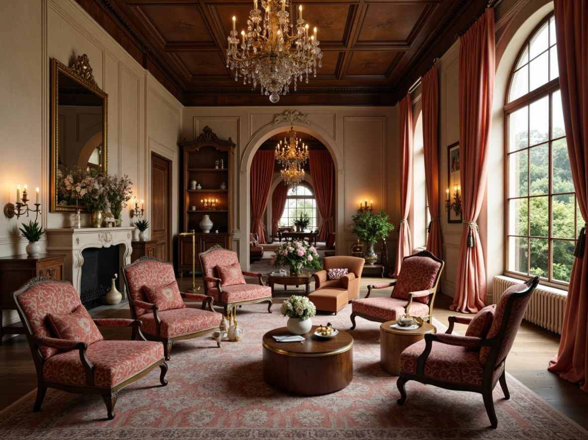 Prompt: Luxurious velvet fabrics, intricately embroidered silks, ornate golden frames, delicate porcelain vases, soft candlelight, warm beige walls, rich walnut wood furniture, carved wooden paneling, lavish crystal chandeliers, opulent drapery, antique furnishings, vintage accessories, romantic florals, whimsical patterns, distressed finishes, eclectic ornaments, French-inspired decor, intimate seating areas, dramatic floor-to-ceiling windows, natural light pouring in, warm neutral color palette, subtle texture contrasts.