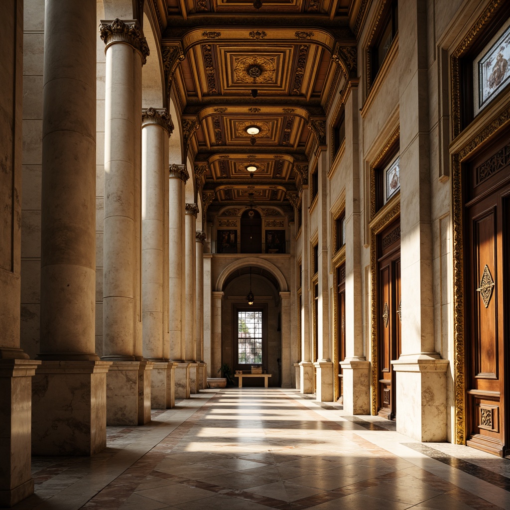 Prompt: Grandiose columns, ornate moldings, luxurious marble floors, intricately carved wooden panels, gilded details, symmetrical fa\u00e7ade, imposing stone walls, dignified archways, solemn atmosphere, warm golden lighting, subtle shading, 1/1 composition, realistic textures, ambient occlusion.