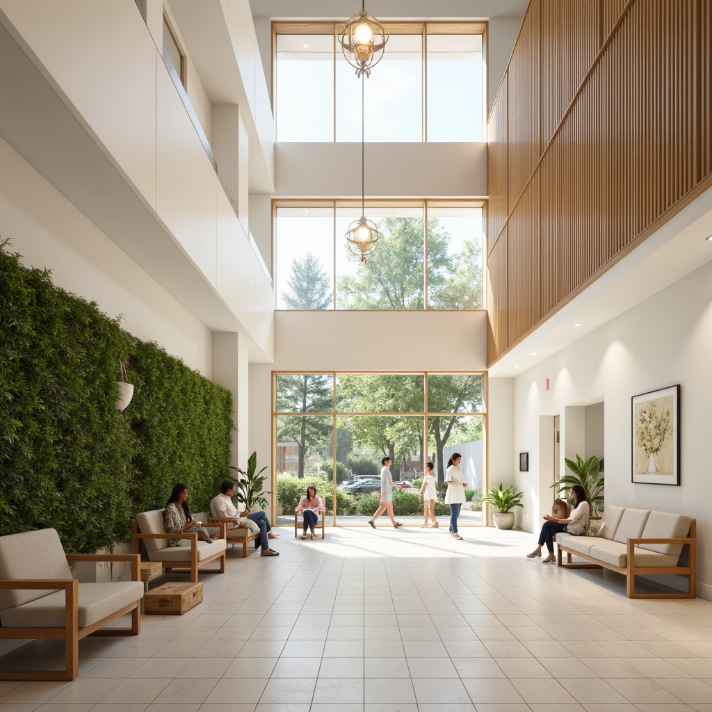 Prompt: Minimalist healthcare center, light-filled atrium, natural wood accents, pale color palette, comfortable waiting areas, plush sofas, wooden chairs, greenery walls, floor-to-ceiling windows, soft diffused lighting, 1/1 composition, shallow depth of field, realistic textures, ambient occlusion, calming atmosphere, serene ambiance, Nordic-inspired design, functional layout, efficient workflow, medical equipment integration, gentle color scheme, warm beige tones, creamy whites, light grays, airy corridors, peaceful patient rooms, soothing art pieces.