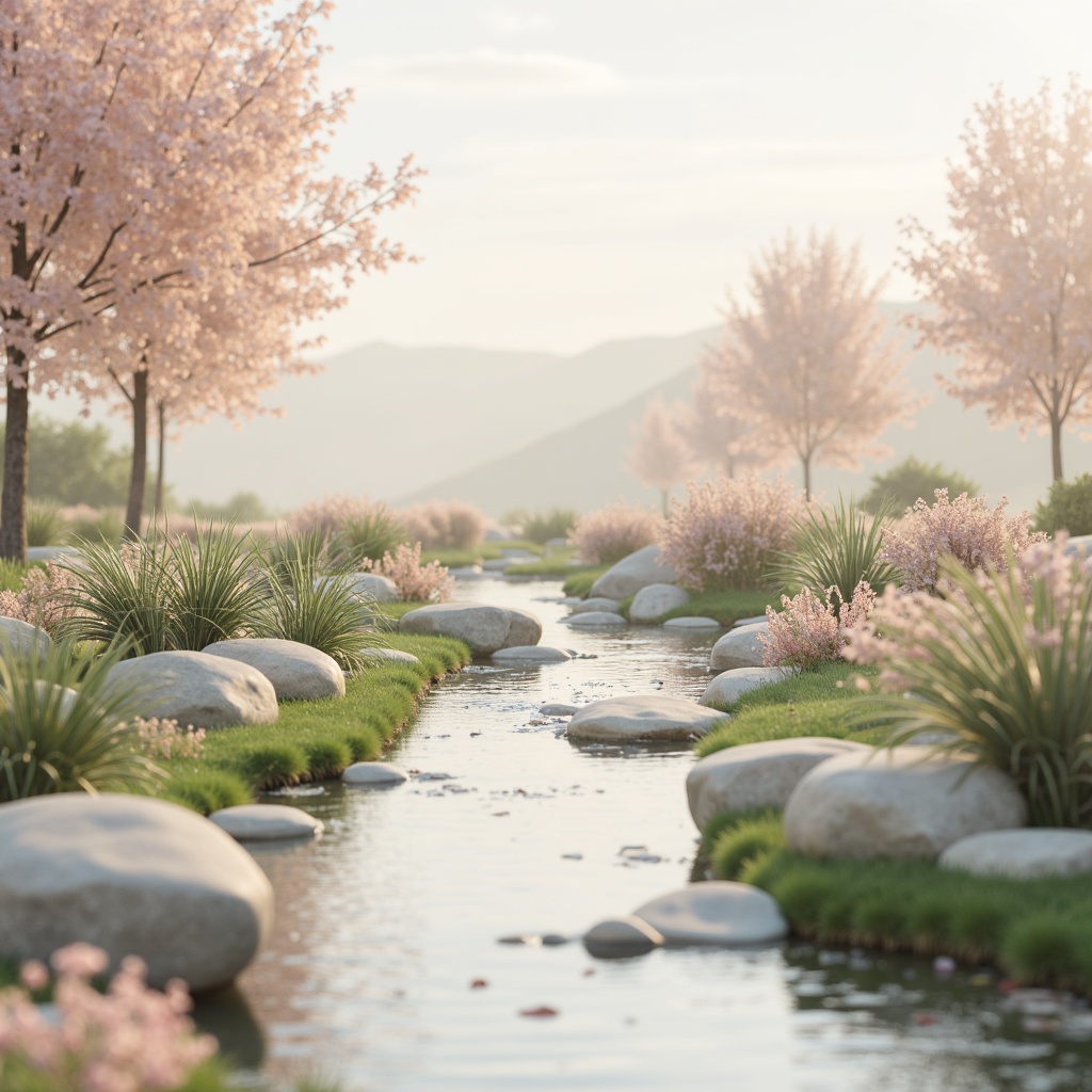 Prompt: Soft pastel hues, calming atmosphere, serene natural surroundings, gentle water features, lush greenery, blooming flowers, warm beige tones, creamy whites, pale blues, soothing mauves, subtle texture overlays, gentle gradient transitions, abstract organic shapes, minimalist composition, ambient soft focus, shallow depth of field, 1/2 composition, realistic material reflections.