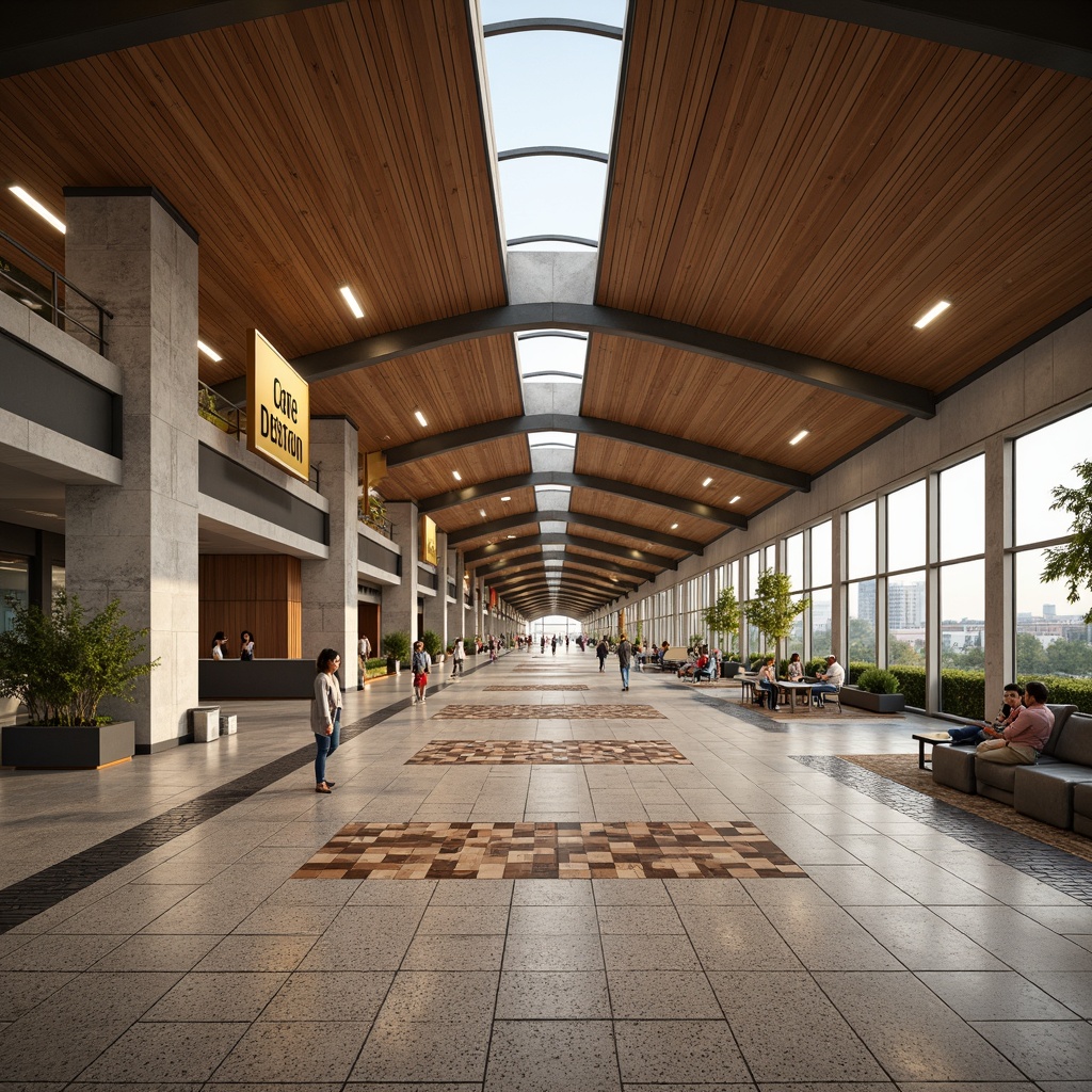 Prompt: Retro-futuristic bus station, terrazzo floors, wooden accents, geometric patterns, natural stone walls, brutalist concrete structures, cantilevered roofs, large glass windows, sliding doors, minimalist signage, vintage-inspired lighting fixtures, warm ambient lighting, shallow depth of field, 1/1 composition, realistic textures, ambient occlusion.