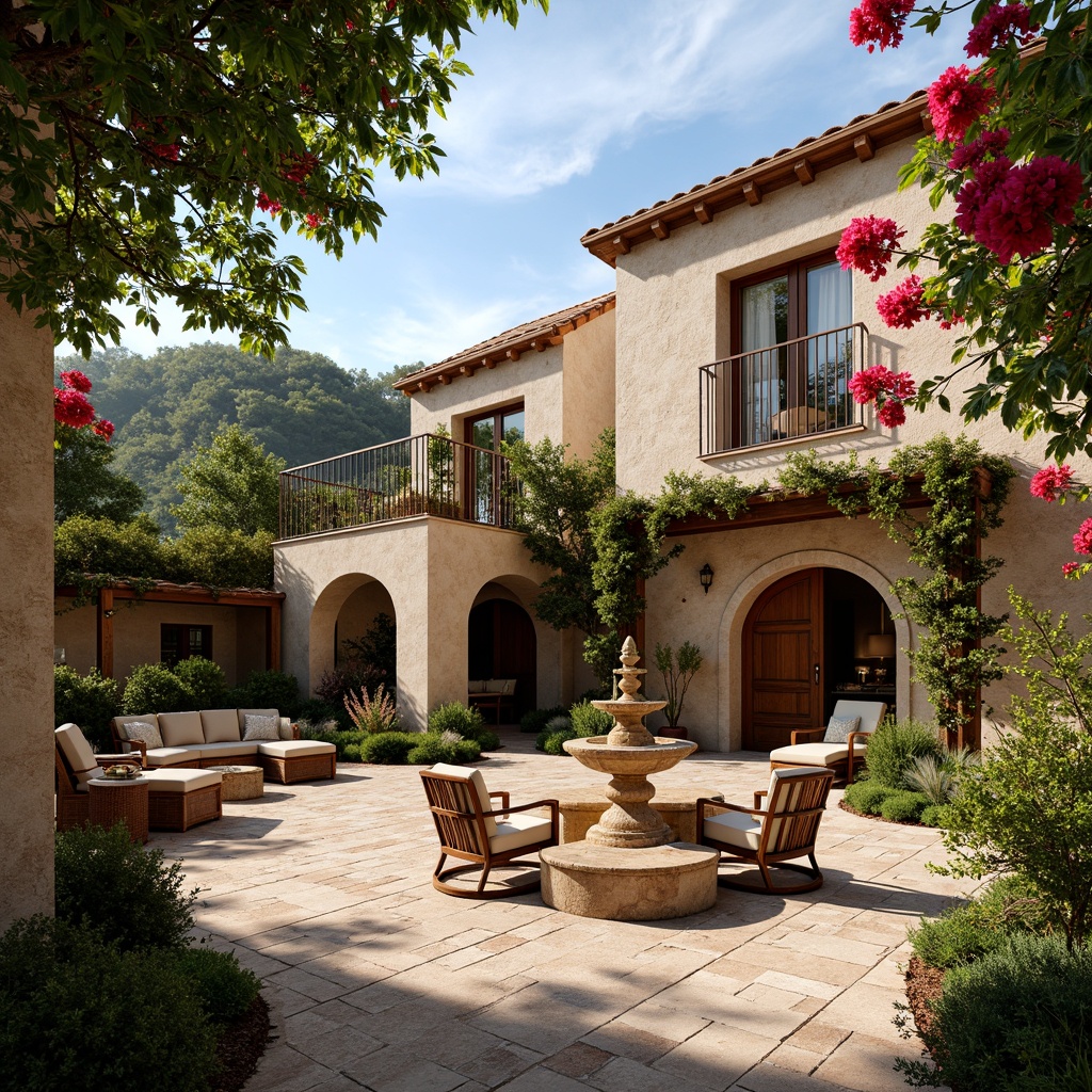 Prompt: Warm Mediterranean villa, rustic stone walls, lush greenery, vibrant bougainvillea, tranquil courtyards, ornate fountains, wooden trellises, arched windows, clay tile roofs, earthy color palette, natural stonework, wrought iron details, elegant archways, cozy outdoor seating, soft warm lighting, shallow depth of field, 3/4 composition, serene atmosphere, realistic textures, ambient occlusion.