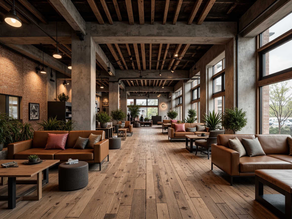 Prompt: Rustic industrial hotel lobby, reclaimed wooden floors, metal beams, exposed brick walls, vintage factory lights, distressed leather sofas, steel coffee tables, minimalist decor, urban loft atmosphere, concrete pillars, functional metal shelving, industrial-style lighting fixtures, eclectic mix of modern and antique pieces, warm neutral color palette, soft ambient lighting, shallow depth of field, 1/2 composition, cinematic camera angle, realistic textures, subtle noise reduction.