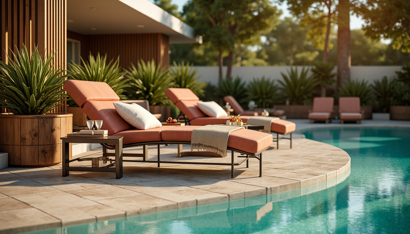 Prompt: Luxurious poolside lounge chairs, sleek metal frames, velvet cushions, ornate wooden accents, geometric patterned tiles, turquoise water, sunny afternoon, warm golden lighting, shallow depth of field, 1/1 composition, symmetrical arrangement, glamorous ambiance, elegant curves, metallic sheen, Art Deco-inspired motifs, lavish fabrics, bold color schemes.