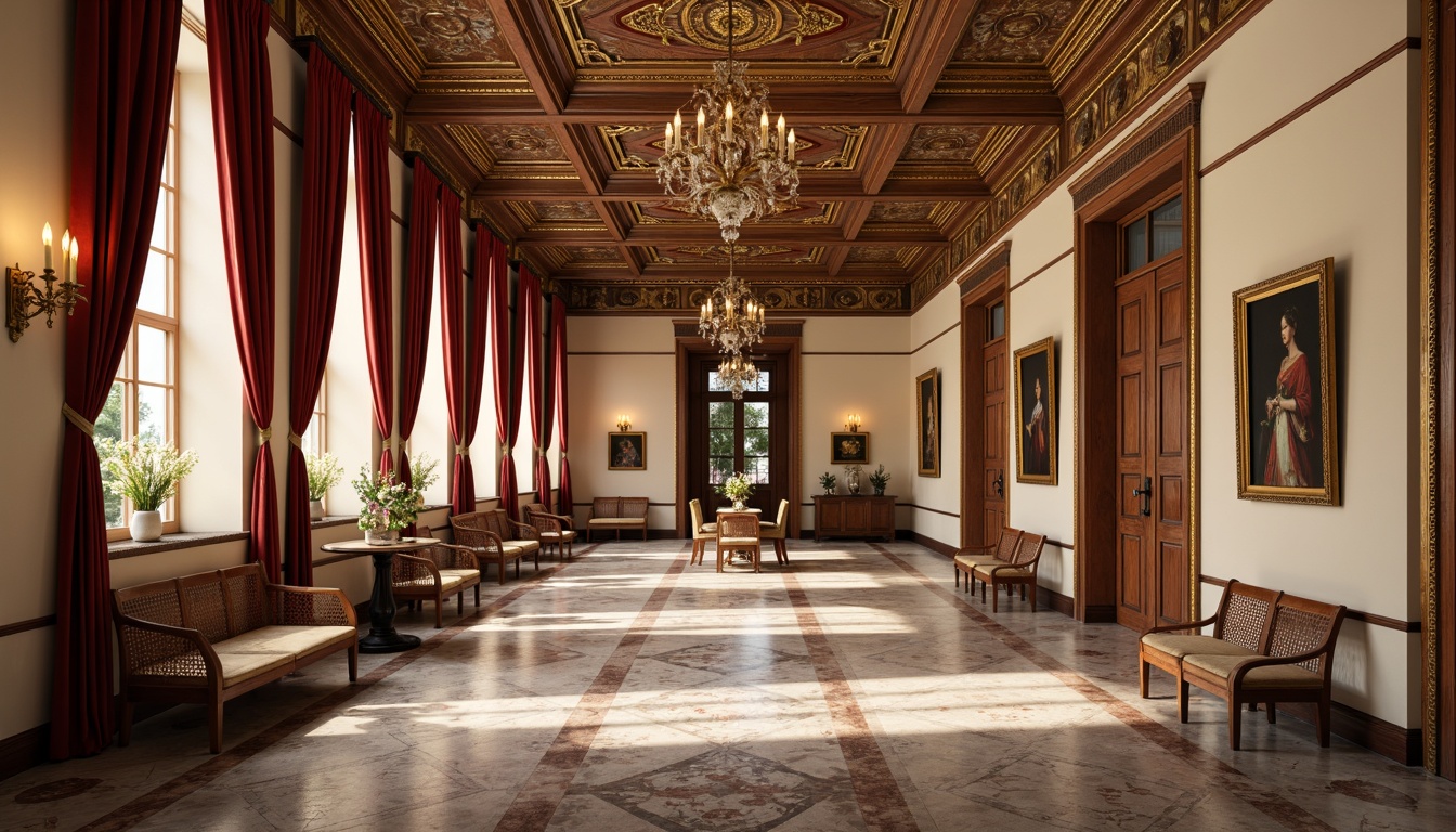 Prompt: Elegant museum interior, renaissance style decor, rich wood tones, ornate gold accents, soft cream walls, velvety red drapes, intricate marble floors, ornamental ceiling details, grand chandeliers, subtle warm lighting, shallow depth of field, 2/3 composition, realistic textures, ambient occlusion.