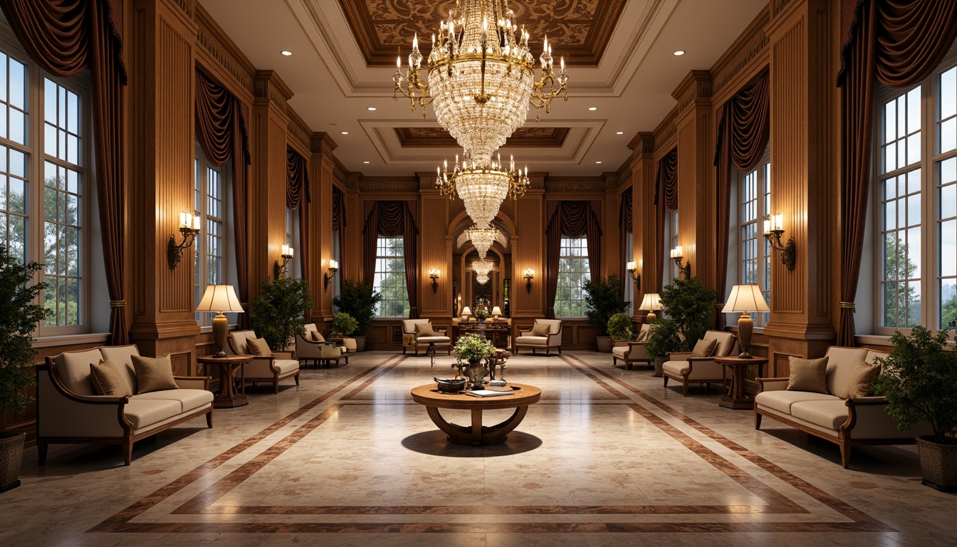 Prompt: \Marble floors, inlaid wood patterns, polished stone surfaces, ornate metalwork, grand chandeliers, high ceilings, neoclassical columns, intricately carved wooden panels, richly upholstered furniture, lavish textiles, subtle warm lighting, shallow depth of field, 1/1 composition, symmetrical framing, realistic reflections, ambient occlusion.\