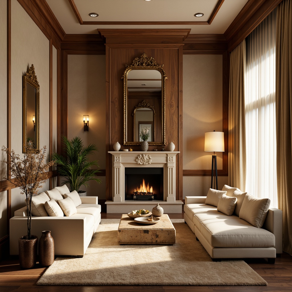 Prompt: Elegant living room, warm beige walls, rich walnut wood accents, plush cream sofas, velvety soft rugs, subtle golden lighting, ornate decorative mirrors, sophisticated floor lamps, luxurious velvet drapes, natural stone fireplace, earthy tone ceramics, calming ambiance, shallow depth of field, 1/1 composition, realistic textures, ambient occlusion.