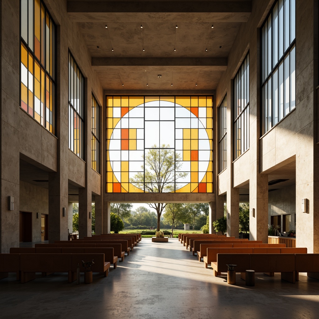 Prompt: Minimalist chapel, brutalist concrete walls, large stained glass windows, abstract geometric patterns, bold color blocking, asymmetrical compositions, open floor plans, sparse ornamentation, industrial metal accents, functional simplicity, sacred ambience, warm natural lighting, dramatic shadows, high ceilings, airy interior spaces, modernist furniture, abstract sculptures, spiritual symbolism, calm atmosphere, 1/1 composition, low-key lighting, subtle textures, ambient occlusion.