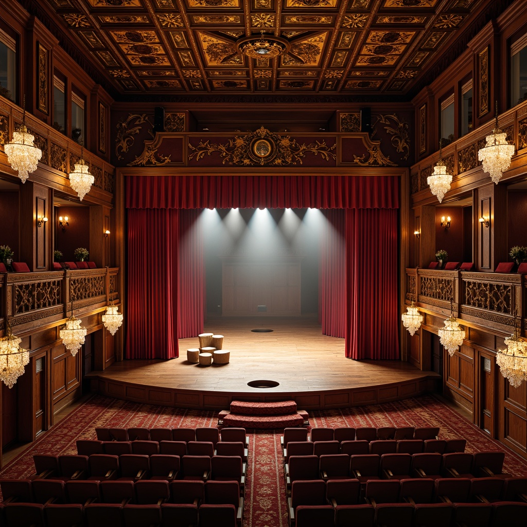 Prompt: \Traditional performing arts center, ornate wooden stage, intricately carved balcony, velvet red curtains, gilded mirrors, crystal chandeliers, plush seating, dimmable warm lighting, rich wood tones, patterned rugs, ethnic-inspired textiles, golden accents, majestic grandeur, atmospheric fog effect, soft focus spotlighting, dramatic shadows, 3/4 composition, symmetrical architecture, opulent decorations, lavish furnishings, historic preservation.\