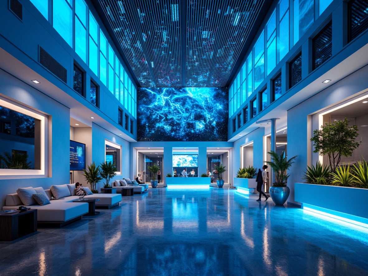 Prompt: Futuristic hotel lobby, sky blue accents, iridescent chandeliers, sleek metallic surfaces, holographic displays, neon-lit corridors, minimalist furniture, angular architecture, atmospheric lighting, soft misting systems, lavish amenities, infinity pools, rooftop gardens, celestial-inspired patterns, glowing LED lines, electro-chrome glass walls, avant-garde sculptures, modernist d\u00e9cor, futuristic transportation hubs, high-tech gadgets, virtual reality experiences.