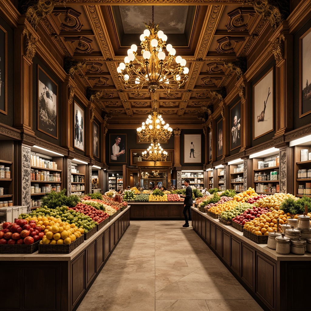 Prompt: Luxurious grocery store interior, rich ornate details, grandiose chandeliers, intricate carvings, gilded moldings, frescoed ceilings, marble countertops, ornamental columns, lavish produce displays, exotic fruit arrangements, rustic wooden crates, vintage apothecary jars, distressed metallic accents, warm golden lighting, soft focus photography, shallow depth of field, 1/2 composition, dramatic shadows, realistic reflections, ambient occlusion.