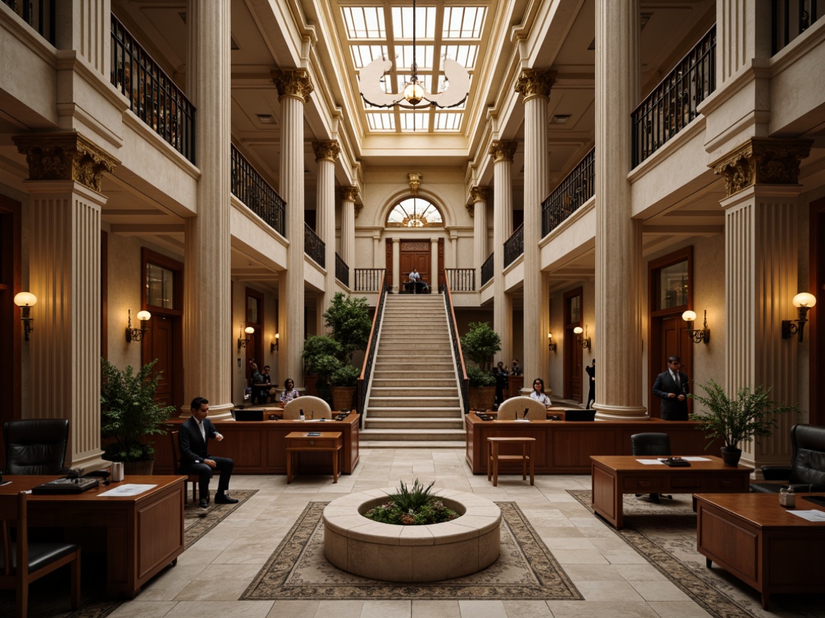 Prompt: Grand courthouse building, neoclassical architecture, ornate columns, carved capitals, rusticated base, grand staircase, high ceilings, natural stone walls, elegant furnishings, polished wood accents, formal courtroom settings, judge's bench, lawyer's tables, witness stands, solemn atmosphere, soft warm lighting, subtle shadows, shallow depth of field, 1/2 composition, realistic textures, ambient occlusion.