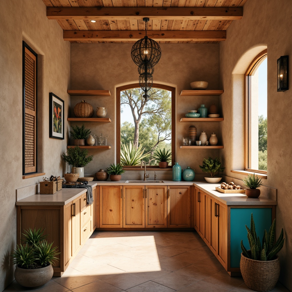 Prompt: Earth-toned pantry, Southwestern-inspired cabinetry, rustic wooden textures, turquoise accents, warm beige countertops, woven basket storage, pendant lanterns, natural stone flooring, adobe-style architecture, desert botanicals, cacti plants, sun-drenched windows, soft warm lighting, 1/1 composition, intimate scale, realistic wood grain, ambient occlusion.