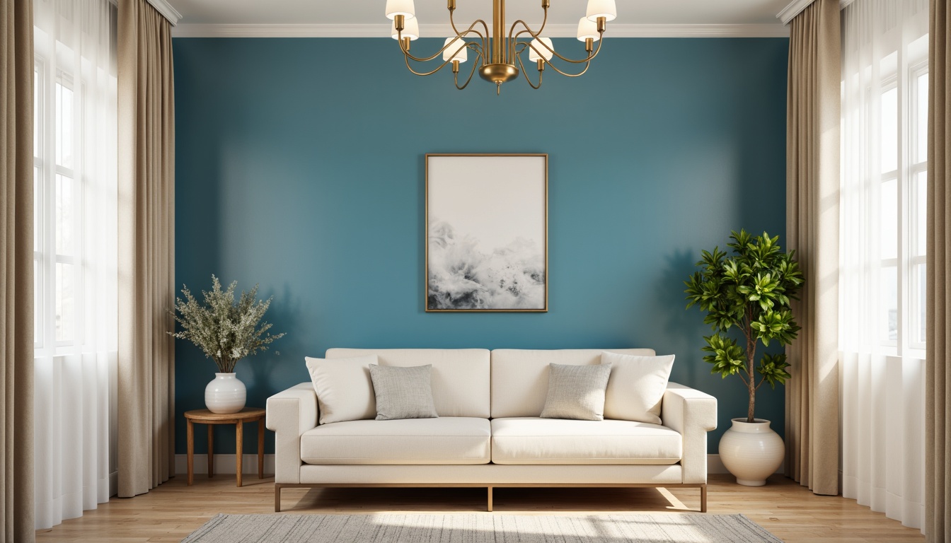 Prompt: \Cerulean blue accent wall, soft cream furniture, natural wood flooring, minimalist decor, warm beige curtains, subtle gold accents, elegant chandelier, modern abstract art, serene atmosphere, gentle morning light, shallow depth of field, 1/1 composition, realistic textures, ambient occlusion.\