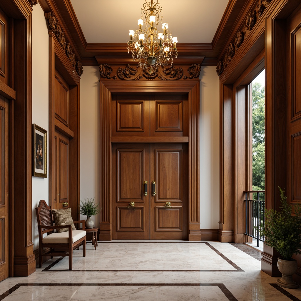 Prompt: Luxurious entrance hall, rich wood tones, ornate carvings, grand chandelier, high ceilings, classic traditional architecture, solid hardwood doors, polished bronze door handles, elegant door knockers, decorative door frames, intricate moldings, cream-colored walls, soft warm lighting, shallow depth of field, 3/4 composition, realistic textures, ambient occlusion.