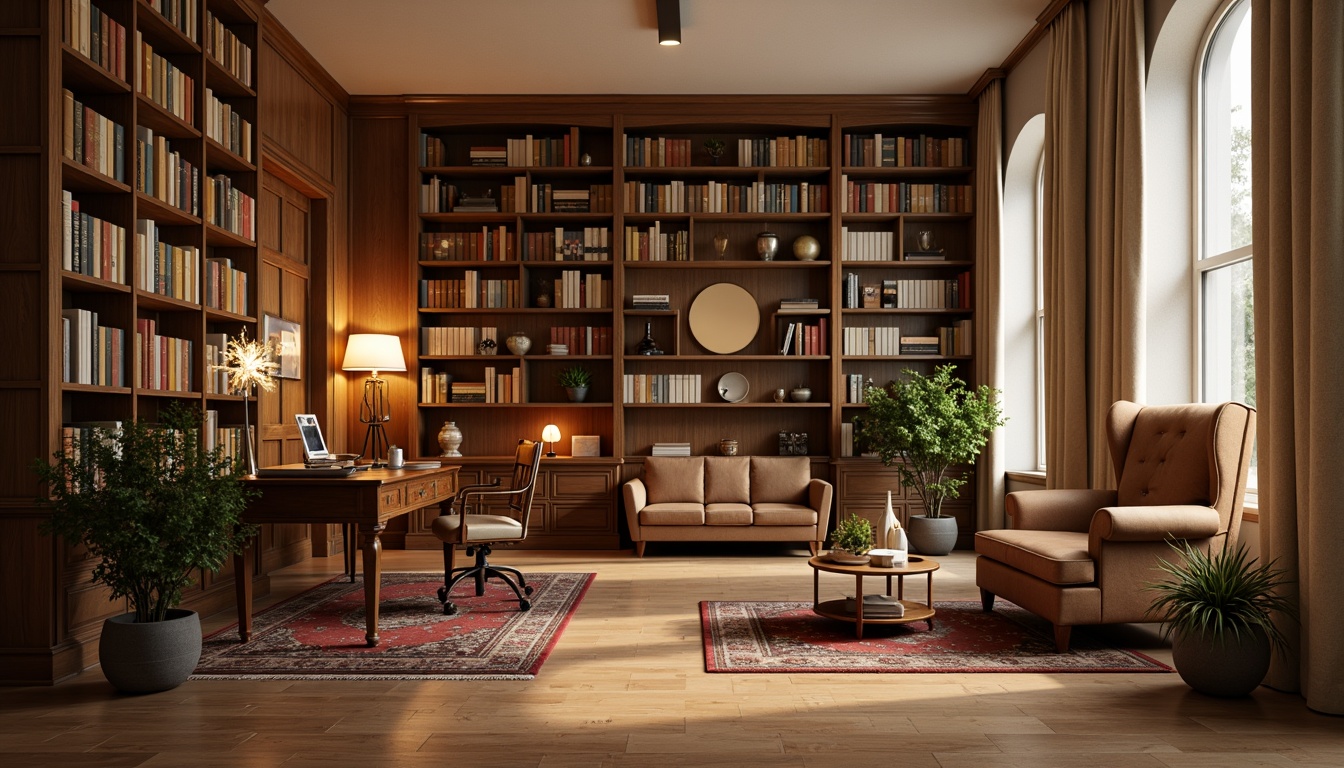 Prompt: Cozy apartment, academic interior style, wooden floorboards, warm beige walls, tall bookshelves, leather-bound tomes, comfortable reading nooks, elegant study desks, ornate lamp fixtures, soft warm lighting, plush area rugs, minimal ornamentation, functional simplicity, harmonious color palette, calm atmosphere, shallow depth of field, 1/2 composition, realistic textures, ambient occlusion.