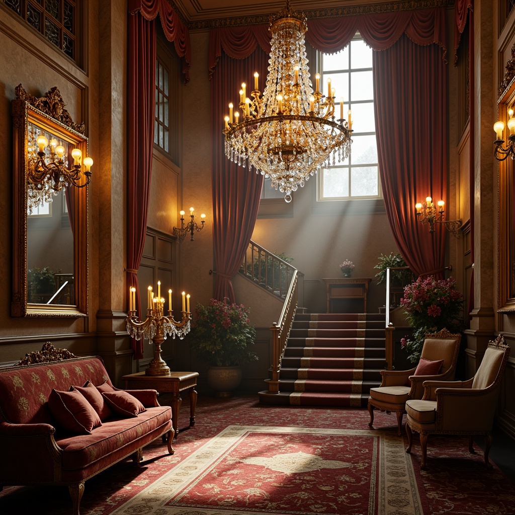 Prompt: Ornate chandeliers, crystal droplets, golden accents, lavish candelabras, rich fabrics, velvet drapes, grandiose architecture, intricate carvings, ornamental mirrors, gilded frames, majestic staircases, opulent furnishings, warm soft lighting, subtle shadows, dramatic uplighting, ambient glow, 1/2 composition, cinematic view, realistic reflections.