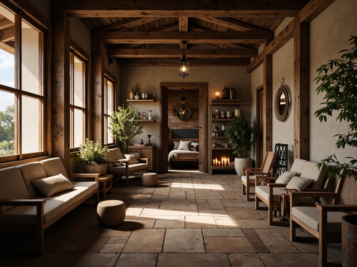 Prompt: Rustic wooden benches, distressed metal frames, vintage lanterns, earthy tone upholstery, reclaimed wood accents, natural stone flooring, woven rattan chairs, antique decorative items, warm candle lighting, soft focus blur, shallow depth of field, 1/2 composition, panoramic view, realistic textures, ambient occlusion.