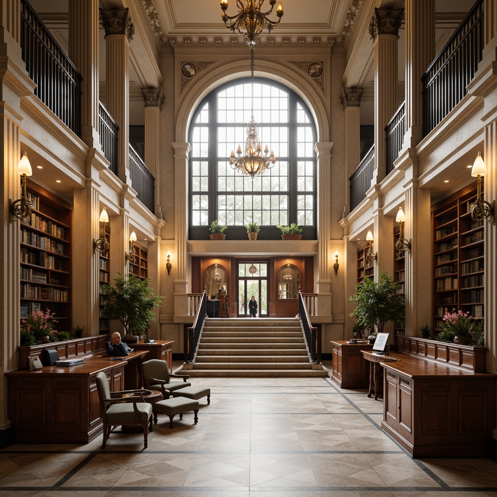 Prompt: Grand courthouse, neoclassical architecture, imposing columns, ornate capitals, travertine marble floors, high ceilings, grand staircase, elegant chandeliers, sophisticated law libraries, polished wooden furniture, vintage courtroom decor, natural light pouring through large windows, subtle warm lighting, shallow depth of field, 2/3 composition, symmetrical framing, realistic textures, ambient occlusion.