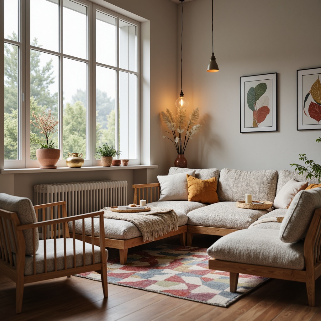 Prompt: Cozy living room, plush throw blankets, woven natural fibers, soft pastel colors, minimalist furniture, sleek wooden accents, warm candlelight, Nordic-inspired patterns, traditional Swedish textiles, vibrant colorful rugs, geometric motifs, abstract artwork, modern Scandinavian architecture, large windows, natural light, shallow depth of field, 3/4 composition, realistic textures, ambient occlusion.