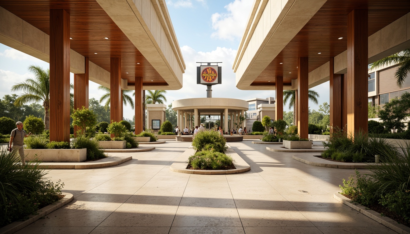 Prompt: Retro-futuristic bus station, mid-century modern architecture, curved lines, angular structures, natural stone walls, terrazzo flooring, wooden accents, retro-style signage, vintage-inspired lighting fixtures, greenery planters, tropical plants, sunny day, soft warm lighting, shallow depth of field, 3/4 composition, panoramic view, realistic textures, ambient occlusion.