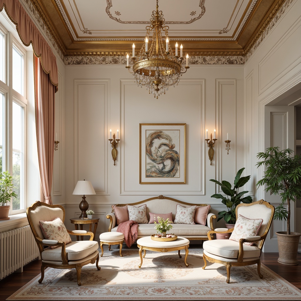 Prompt: Luxurious Rococo interior, soft pastel hues, creamy whites, rich gold accents, ornate furnishings, velvet upholstery, intricate patterns, delicate florals, whimsical designs, French Renaissance inspiration, grand chandeliers, opulent fabrics, subtle sheen, warm candlelight, 3/4 composition, shallow depth of field, realistic textures.