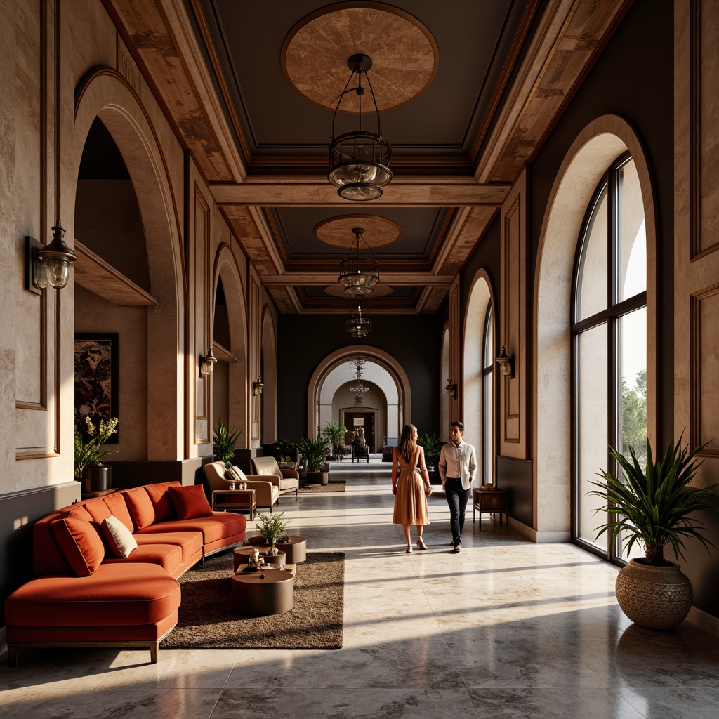 Prompt: Luxurious interior space, rich wood tones, polished marble floors, ornate metal fixtures, plush velvet upholstery, subtle LED lighting, minimalist decor, fusion of classic and contemporary styles, bold color accents, sleek glass surfaces, sophisticated textiles, intricate patterns, natural stone walls, warm ambient glow, shallow depth of field, 1/1 composition, realistic render.