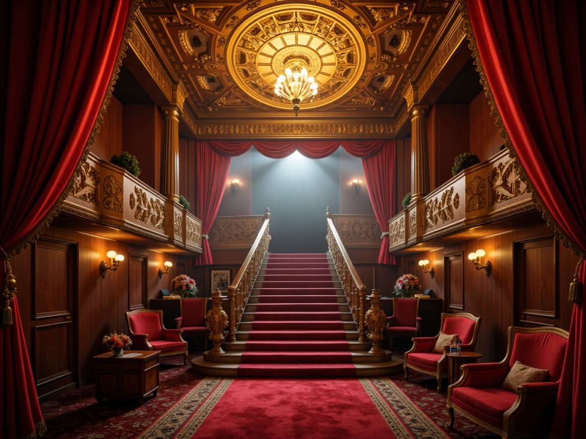 Prompt: Luxurious theatre interior, velvet curtains, golden chandeliers, ornate plasterwork, rich wood tones, red carpet, dramatic spotlights, opulent seating areas, grandiose staircase, Baroque-inspired details, lavish fabrics, beaded decorations, sparkling crystals, mysterious fog effects, soft warm lighting, shallow depth of field, 1/2 composition, intimate close-ups, realistic textures, ambient occlusion.