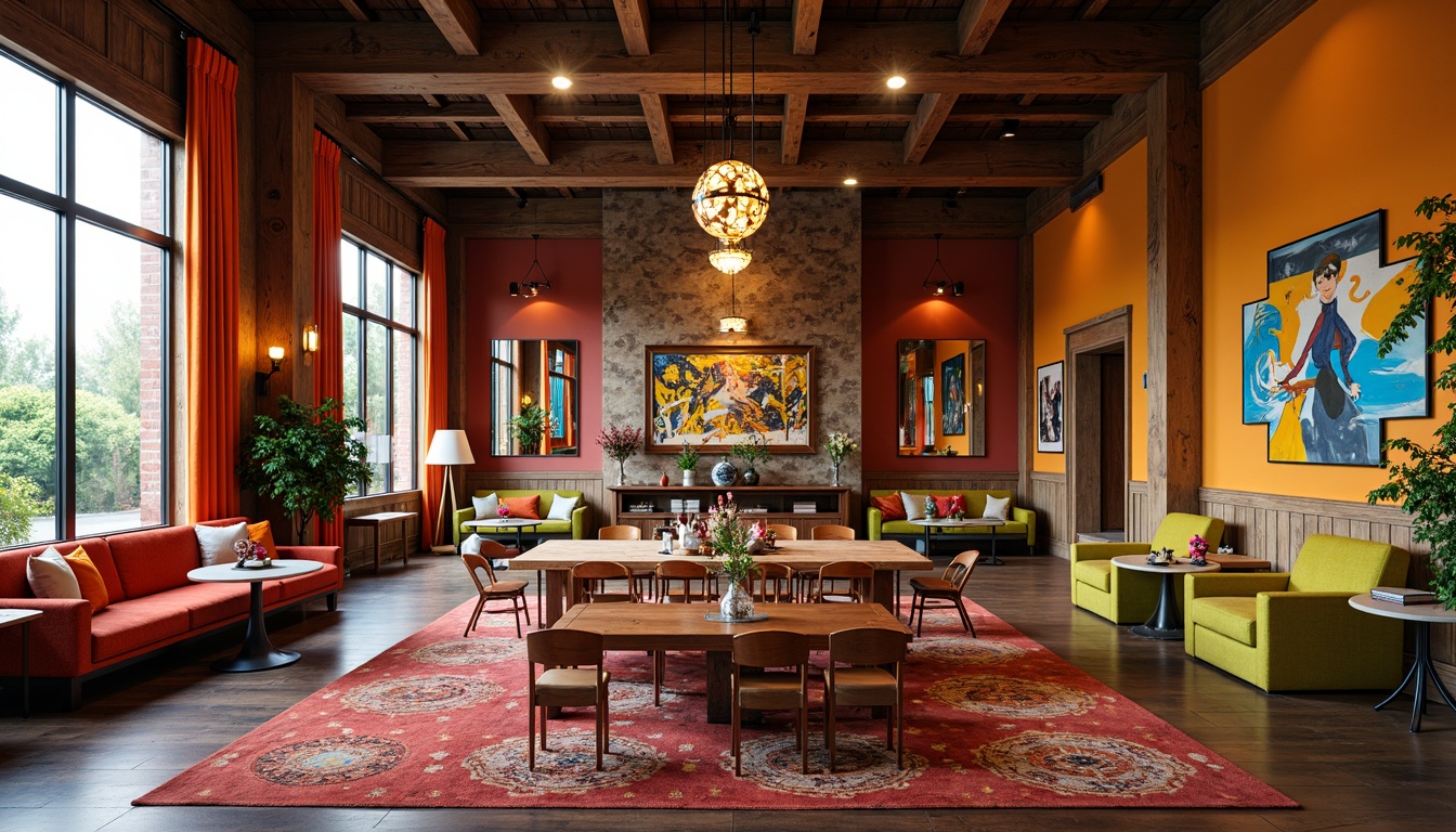 Prompt: Vibrant dining room, bold color scheme, postmodernist flair, eclectic furniture mix, rich wood tones, deep crimson reds, burnt oranges, sunny yellows, electric blues, lime greens, abstract patterns, geometric shapes, oversized artwork, ornate mirrors, luxurious fabrics, velvet drapes, metallic accents, industrial lighting fixtures, distressed textures, retro-inspired accessories, playful decorative elements, dynamic spatial layout, dramatic high ceilings, floor-to-ceiling windows, abundant natural light, warm ambient glow.