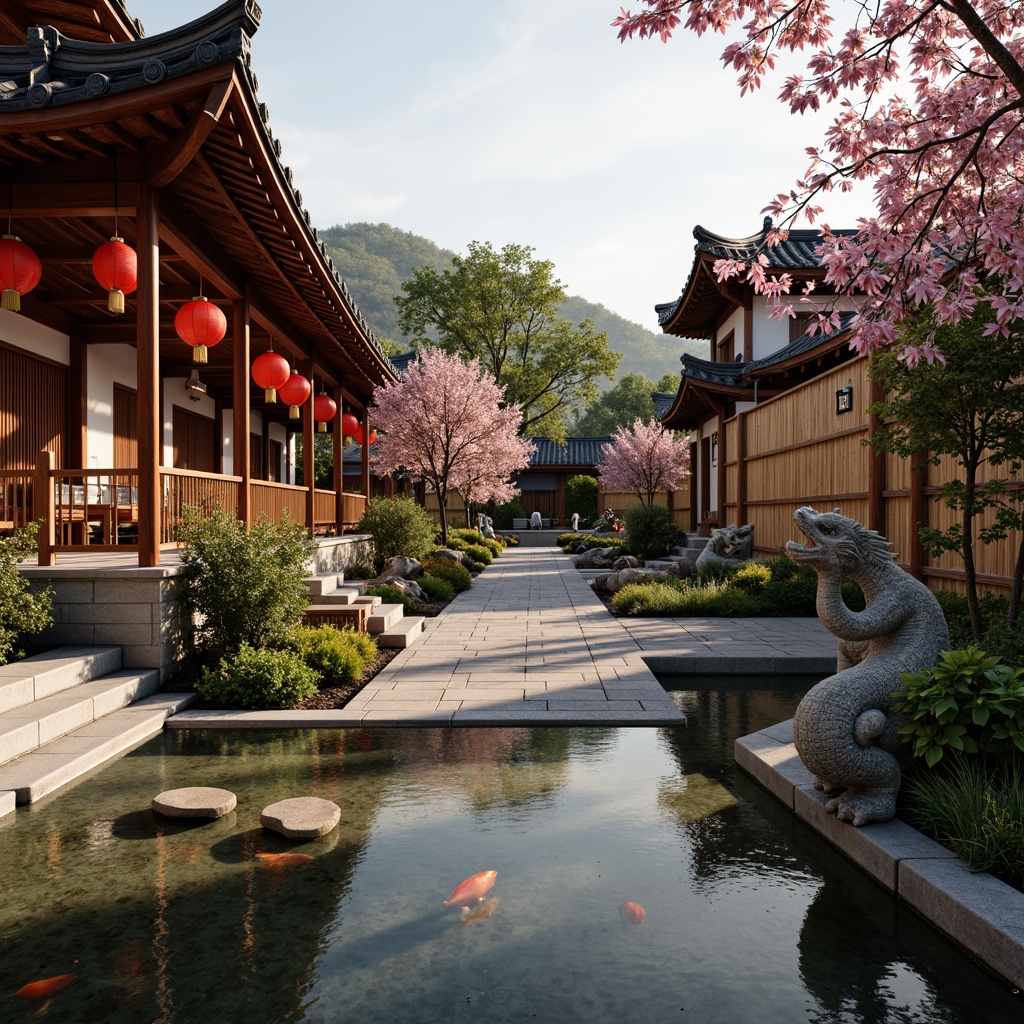 Prompt: Traditional pagoda roofs, intricately carved wooden accents, vibrant red lanterns, majestic stone dragons, serene koi ponds, natural bamboo fences, lush greenery, ornate ceramic tiles, intricately patterned rugs, delicate cherry blossom branches, soft warm lighting, shallow depth of field, 3/4 composition, panoramic view, realistic textures, ambient occlusion.