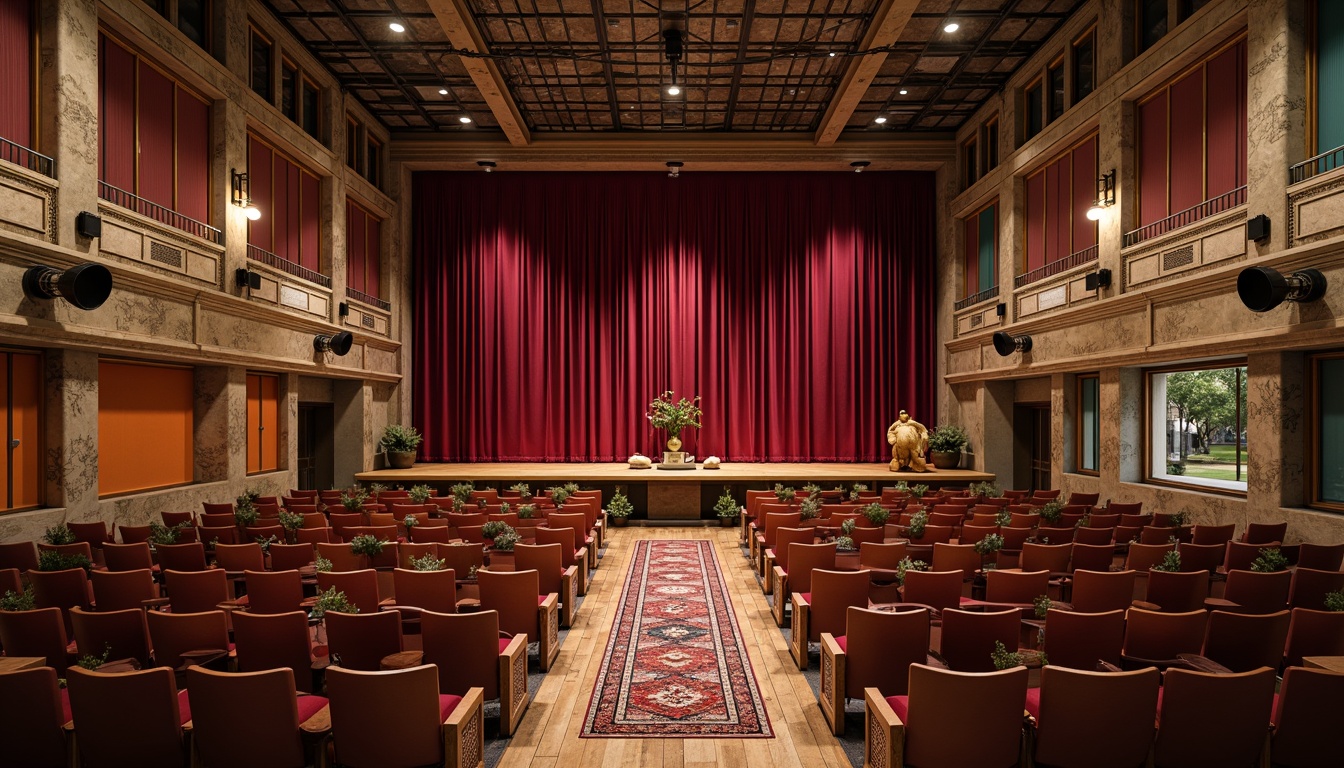 Prompt: Rich velvet curtains, distressed wood accents, ornate metal fixtures, vintage leather upholstery, reclaimed wooden flooring, eclectic patterned rugs, bold colorful walls, industrial metal beams, exposed ductwork, decorative concrete columns, dramatic lighting fixtures, plush auditorium seating, intricate stenciling, warm atmospheric lighting, 1/1 composition, shallow depth of field, cinematic views.