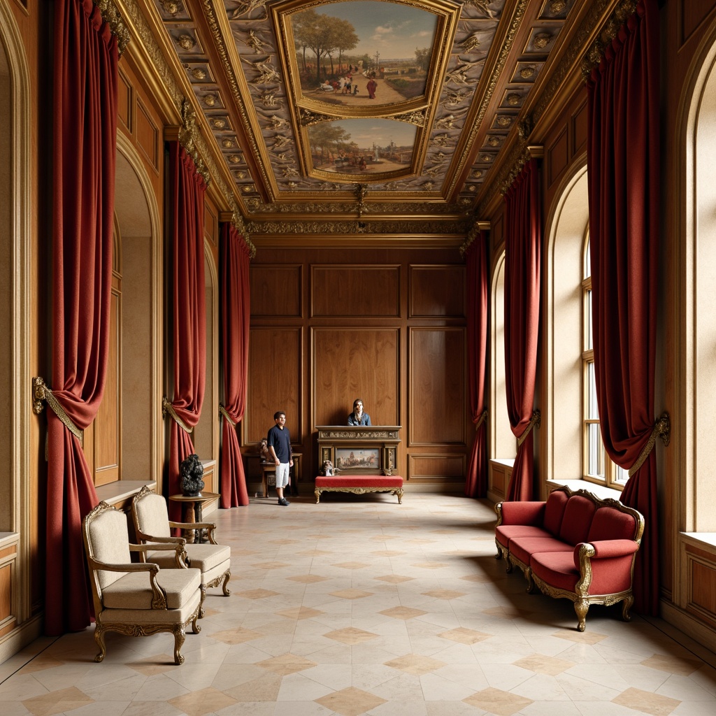 Prompt: Renaissance-inspired museum interior, rich wood paneling, ornate gold accents, cream-colored marble floors, velvety red drapes, warm beige walls, intricate fresco ceilings, Baroque-style furnishings, luxurious velvet upholstery, antique bronze fixtures, soft warm lighting, subtle shadows, 1/1 composition, realistic textures, ambient occlusion.