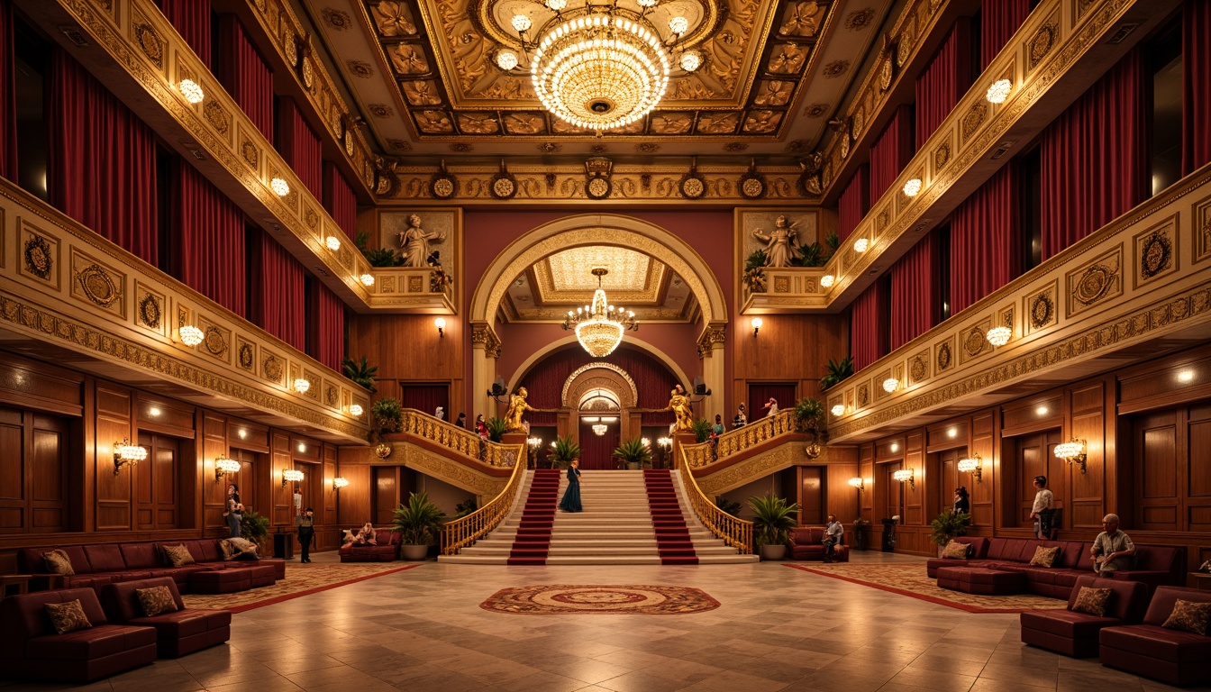 Prompt: Grand opera house, ornate golden details, rich velvet curtains, crystal chandeliers, marble floors, grand staircase, red carpet, luxurious balconies, intricate moldings, neoclassical columns, statues of muses, dramatic spotlights, warm golden lighting, soft focus, shallow depth of field, 2/3 composition, symmetrical framing, ornate frescoes, rich wood paneling, opulent drapery, lavish furnishings.