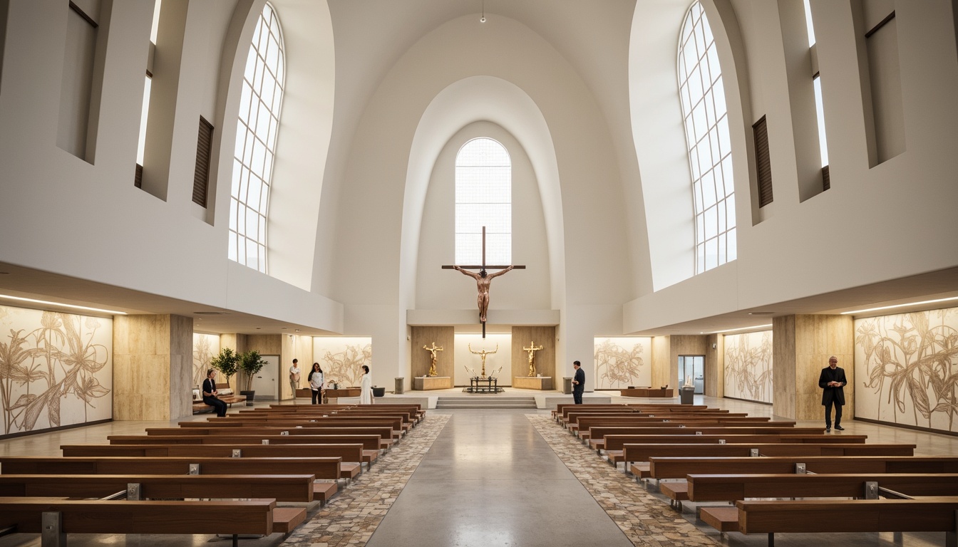 Prompt: Minimalist church interior, sleek modern lines, curved white walls, abstract stained glass windows, polished concrete floors, industrial metal accents, subtle LED lighting, suspended wooden pews, geometric patterned rugs, airy open spaces, dramatic ceiling heights, natural stone columns, minimalist crucifixes, abstract religious murals, warm beige color palette, soft diffused lighting, shallow depth of field, 1/1 composition, realistic textures, ambient occlusion.