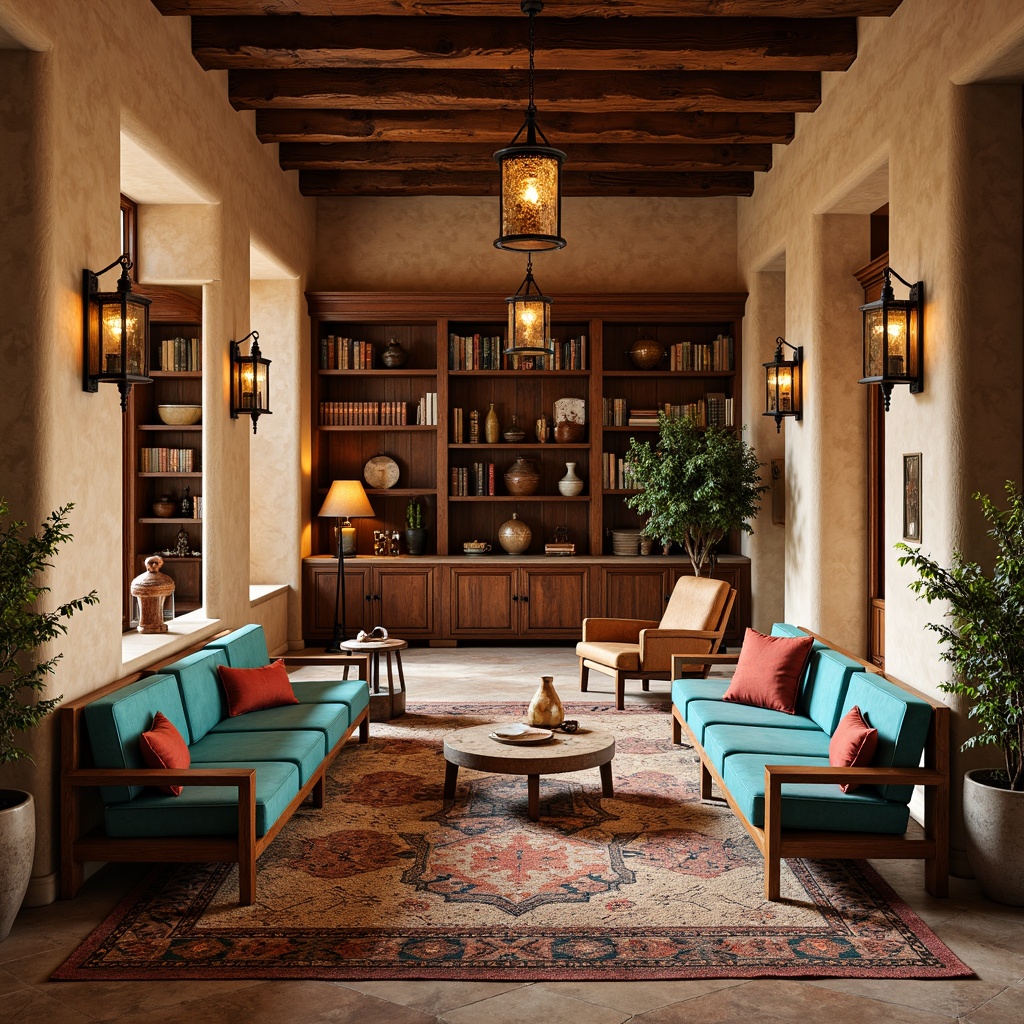 Prompt: Southwestern-style library, warm earthy tones, rustic wooden furniture, woven textiles, vibrant turquoise accents, natural stone floors, plush area rugs, comfortable reading nooks, wooden bookshelves, leather-bound books, pendant lanterns, warm cozy lighting, 1/2 composition, shallow depth of field, realistic wood textures, ambient occlusion.